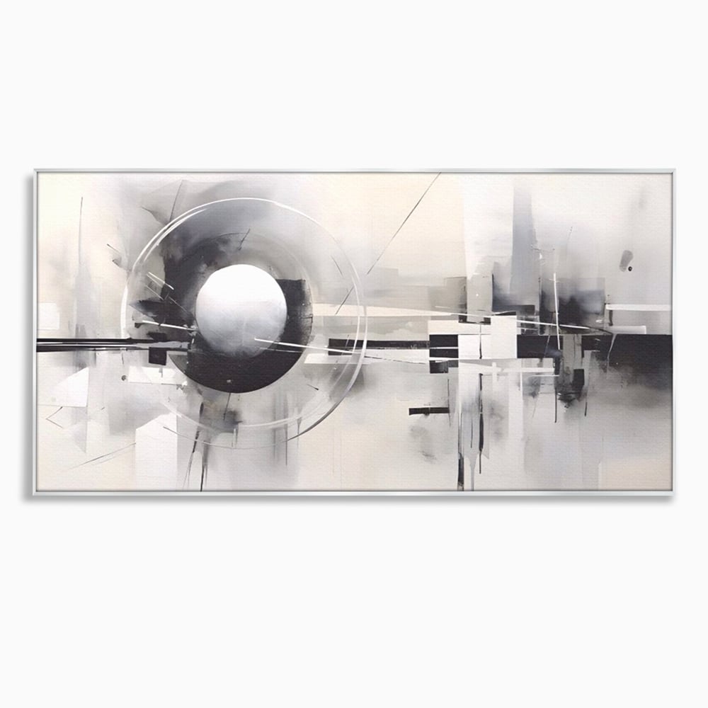 Tablou canvas cu pictura abstracta cu sfera si cercuri, in rama de aluminiu argintiu